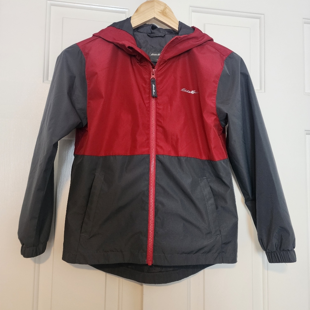 Eddie Bauer Red & Gray Full Zipper Hooded Lightweight Boys Windbreaker Sz. S 7/8